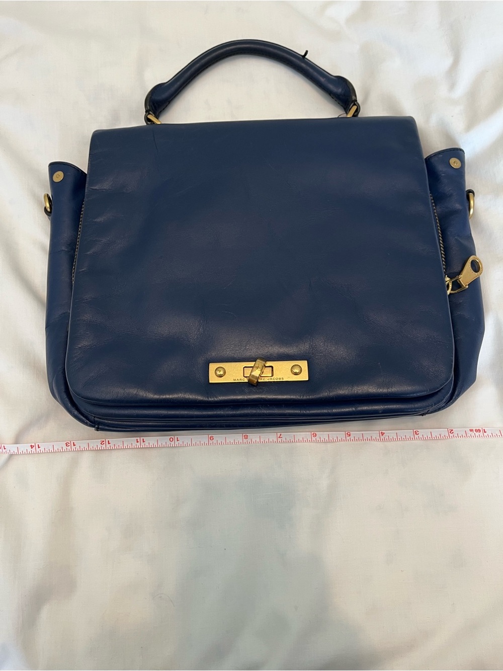 Classic Blue Leather Marc Jacobs Top-Handle Satchel/ipad Case Purse Pockets Zipp - Picture 7 of 8